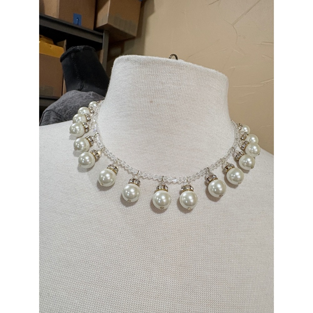 Crystal and Faux Dangling Pearl Statement Necklace Rhinestone Accents White Gold